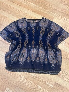 INC International Concepts Navy Paisley Sheer Short-Sleeve Blouse
